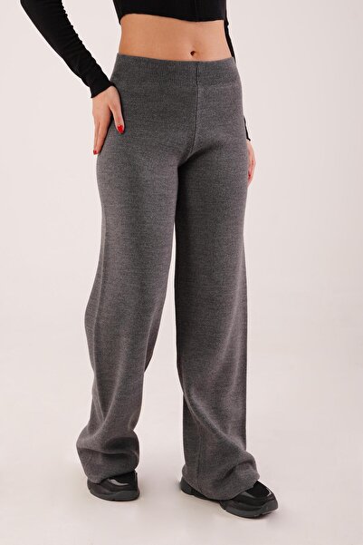 Hipo Trend بنطال تريكو أنثراسايت عالي الخصر وواسع الساق