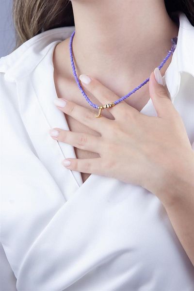 Sose Moda Lilac Bead Design Necklace with Letter J