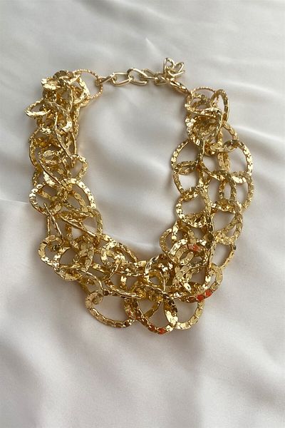 Sose Moda Star Embroidered Three Row Gold Chain Necklace