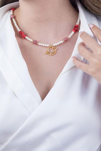 Sose Moda Saturn Necklace with Red Natural Stone and Pearls