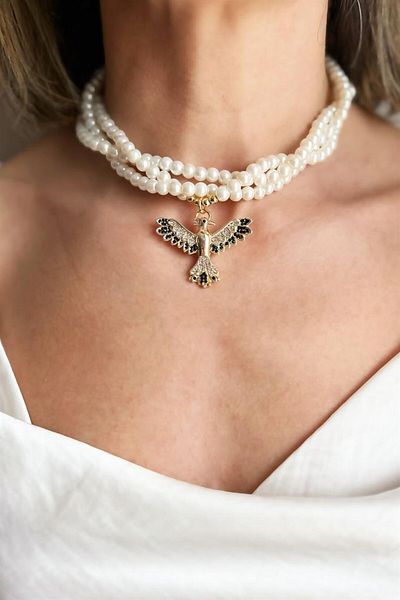 Sose Moda Black Color Zircon Detailed Phoenix Pearl Spiral Design Necklace