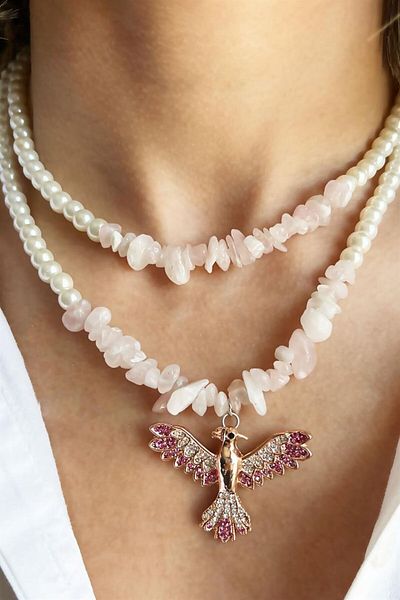 Sose Moda Fuchsia Phoenix Detailed Pearl Necklace with Broken Natural Stones