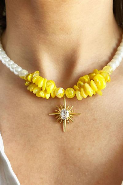 Sose Moda Polar Star Detailed Pearl Necklace with Agate Natural Stones and Yellow Cracked Stones
