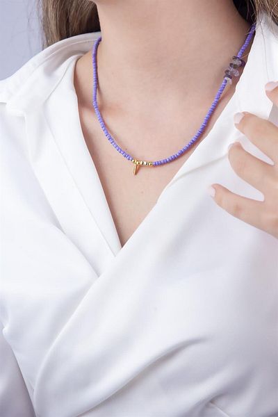 Sose Moda I Letter Lilac Bead Design Necklace