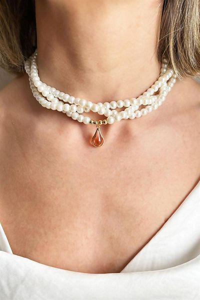 Sose Moda Orange Drop Stone Spiral Design Pearl Necklace