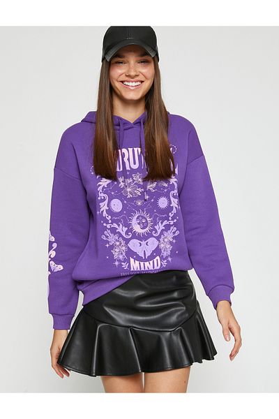 Koton Oversize Sweatshirt Hooded Printed With Fleece Inside