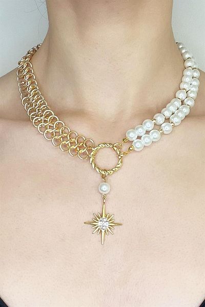 Sose Moda Pearl and Chain Design Polar Star Necklace