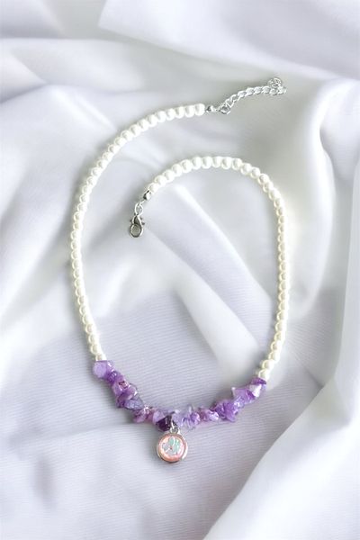 Sose Moda Purple Cracked Stone Pearl Necklace