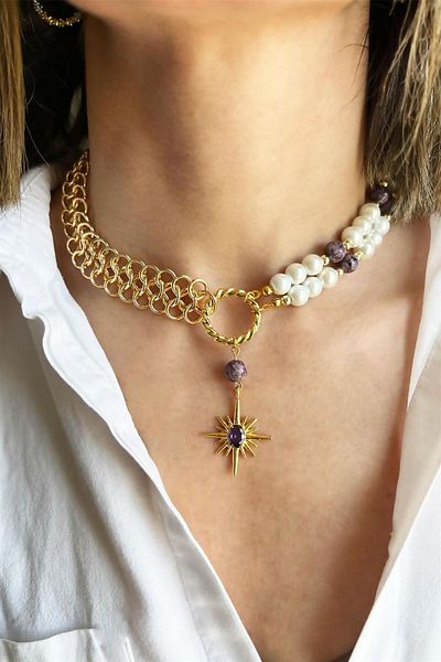 Sose Moda Ceyd Sun Natural Stoned Polar Star Detailed Chain and Pearl Necklace