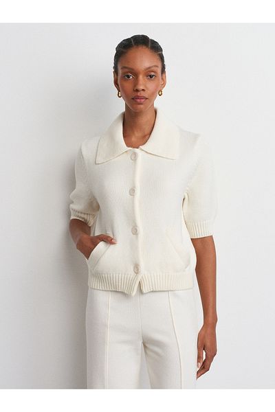 Dilvin 60285 Polo Neck Knitwear Cardigan with Buttons and Pockets, Ecru M.