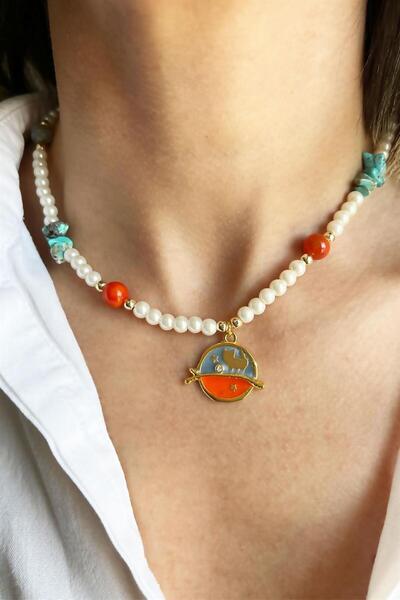 Sose Moda قلادة مرصعة باللؤلؤ - عقيق طبيعي وحجر مكسور، تفاصيل قطة