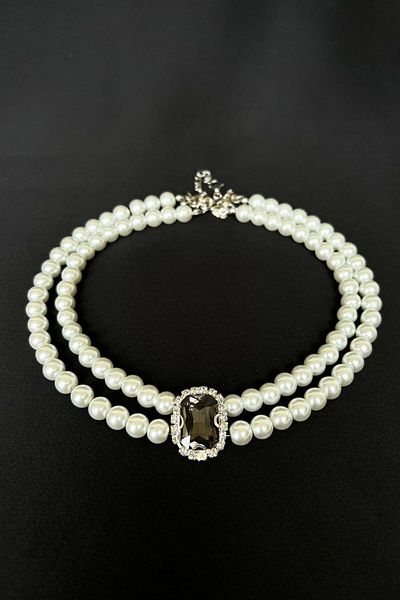 Sose Moda Black Crystal Prong Pearl Choker Necklace