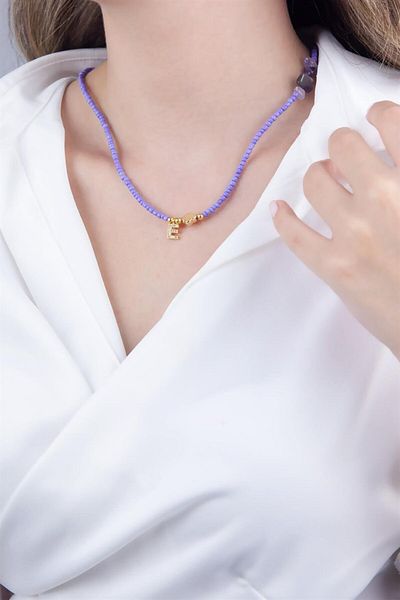Sose Moda Letter E Lilac Bead Design Necklace
