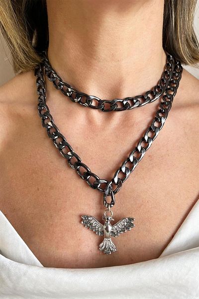 Sose Moda Gray Phoenix Detailed Double Chain Necklace