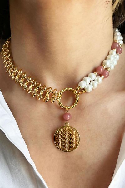 Sose Moda Flower of Life Detailed Agate Natural Stone Pearl and Chain Necklace