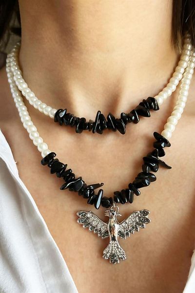 Sose Moda Black Natural Broken Stone Gray Phoenix Detailed Double Pearl Necklace