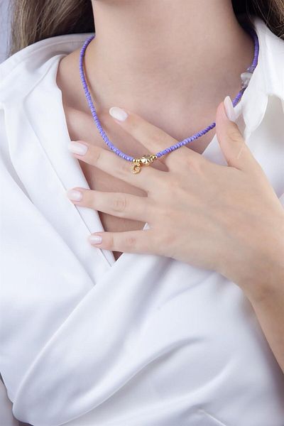Sose Moda G Letter Lilac Bead Design Necklace