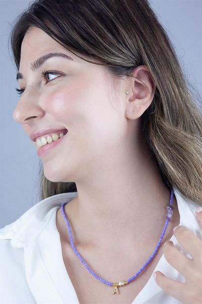 Sose Moda Letter A Lilac Bead Design Necklace