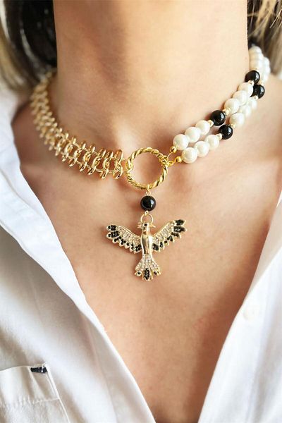 Sose Moda Black Phoenix Detailed Pearl and Chain Necklace