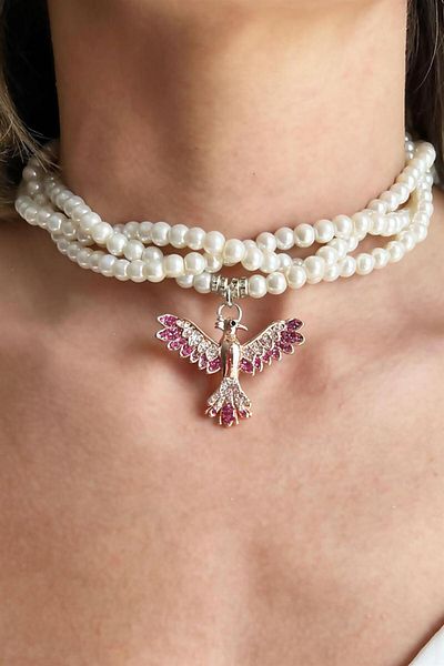 Sose Moda Fuchsia Color Zircon Detailed Phoenix Pearl Spiral Design Necklace