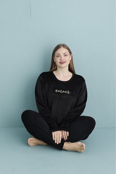 Elit Γυναικείο Σετ Πιτζάμες Velvet Amor Text Printed Plus Size