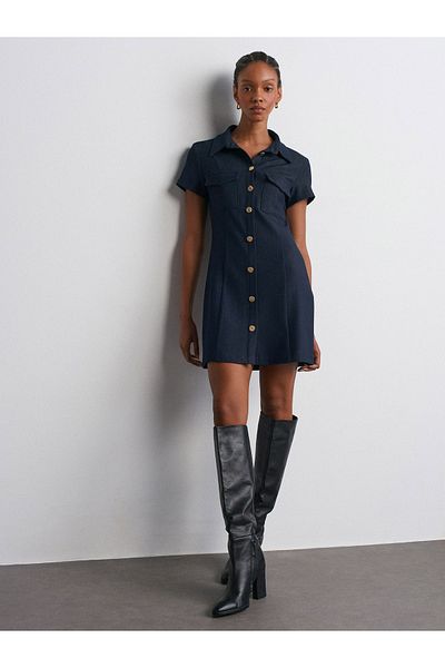 Dilvin 90905 Gold Button Short Dress-Navy