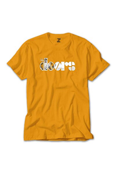 CrowsGate Tricou colorat cu logo The Doors, culoare galbenă, mărimea L