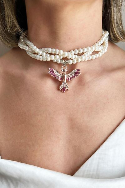 Sose Moda Fuchsia Color Zircon Detailed Phoenix Pearl Spiral Design Necklace