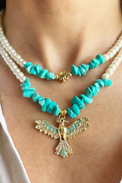 Sose Moda Turquoise Natural Broken Stone Double Pearl Necklace with Phoenix Detail
