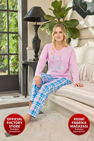 Aydoğan Pink Atlas V-Neck Long Sleeve Women's Pajama Set - B9-3 240619   Aydogan ®