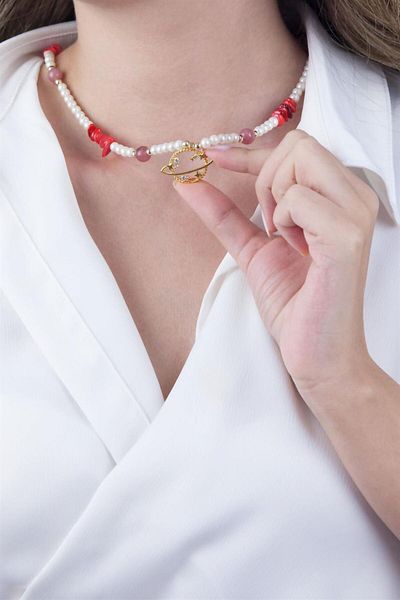 Sose Moda Saturn Necklace with Red Natural Stone and Pearls