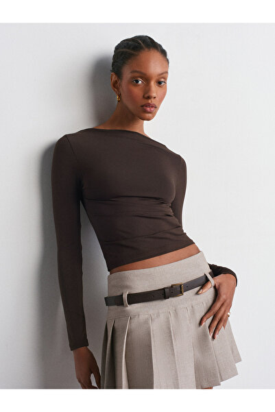 Dilvin 31415 Long Sleeve Asymmetrical T-Shirt-Dark Brown