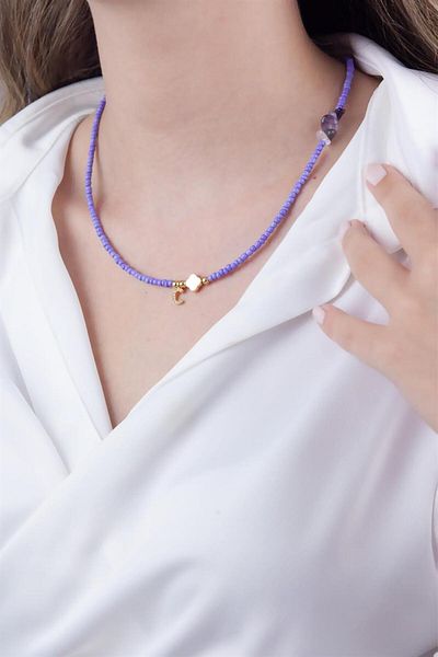 Sose Moda Letter C Lilac Bead Design Necklace