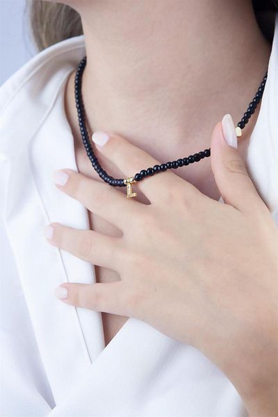 Sose Moda L Letter Black Pearl Design Necklace