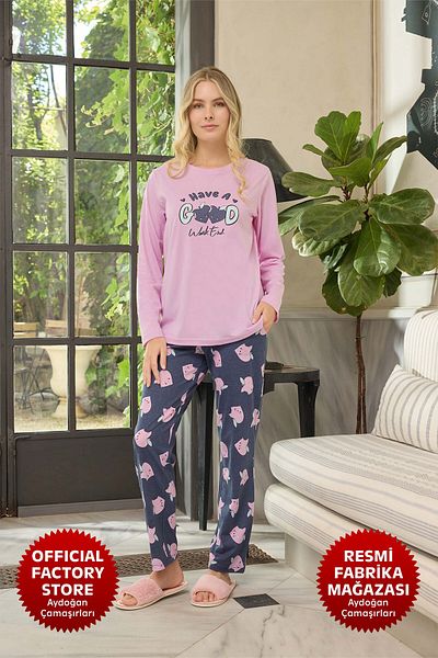 Aydoğan Pink Atlas Pajamas Set for Women - Crew Neck, Long Sleeve B9-3 240618   Aydogan