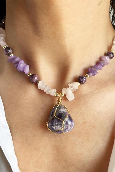 Sose Moda Amethyst And Ceyd Sun Natural Stone Broken Stone Necklace