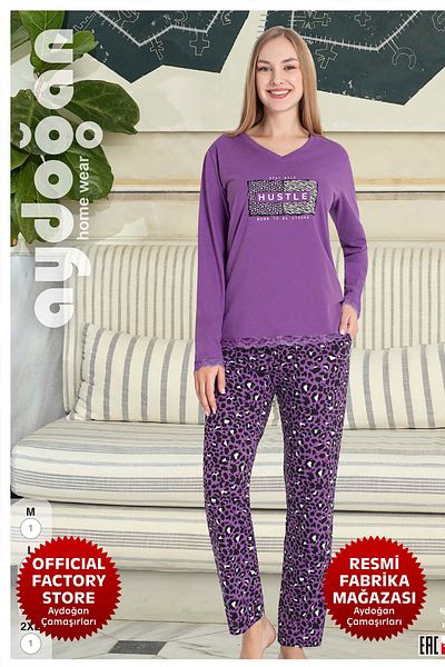 Aydoğan Purple Atlas V-Neck Long Sleeve Women's Pajamas Set - B16-4 - 240718   - Aydogan ®