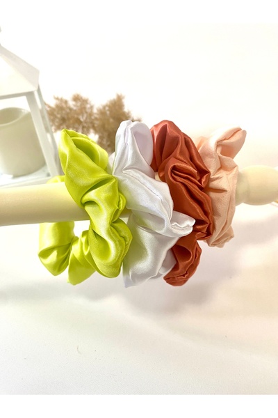 Toka Delisi 4 Pcs Green Kitten Mouth White Tile Comfortable and Stylish Scrunchie Satin Bagel Buckle