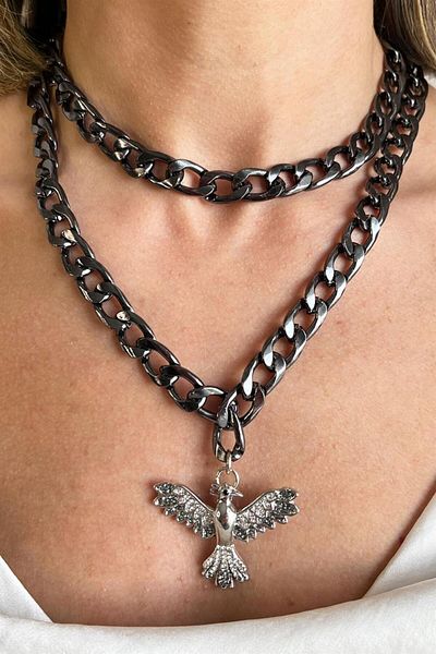 Sose Moda Gray Phoenix Detailed Double Chain Necklace