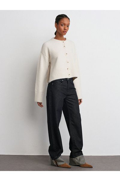 Dilvin 71758 Curved Leg Glitter Denim Trousers-Black