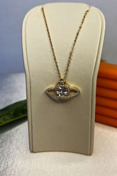 Sose Moda Gold-Plated Gold Necklace with Heart and Saturn Tip