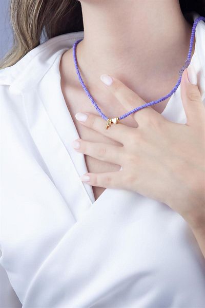 Sose Moda F Letter Lilac Bead Design Necklace