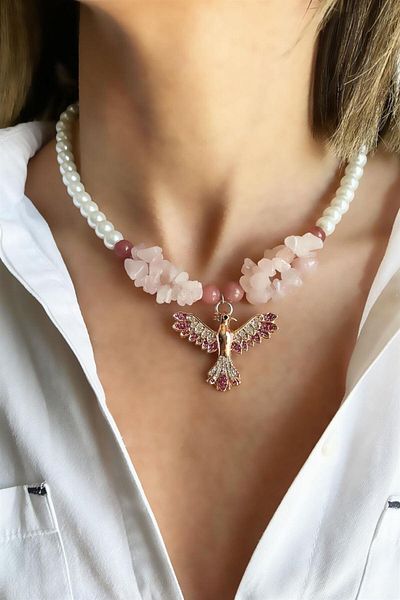 Sose Moda Natural Ceyd Sun Stone and Powder Broken Stone Phoenix Detailed Pearl Necklace