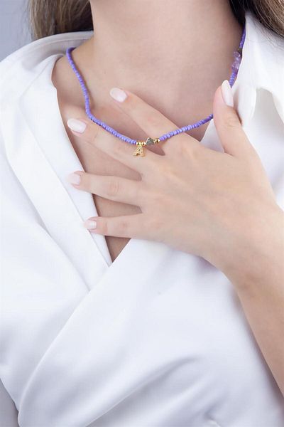 Sose Moda Letter A Lilac Bead Design Necklace