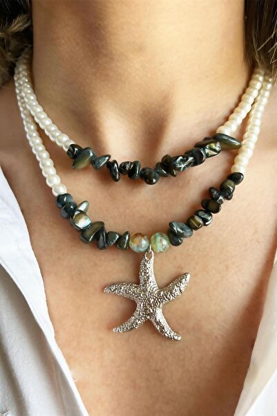Sose Moda Natural Agate Stone and Khaki Broken Stone Starfish Detailed Pearl Necklace