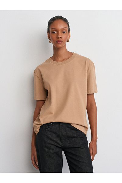 Dilvin 30312 Decorative Stitched Crew Neck Tshirt-Light Camel