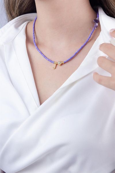Sose Moda Lilac Bead Design Necklace with Letter J