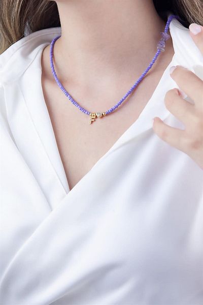 Sose Moda F Letter Lilac Bead Design Necklace