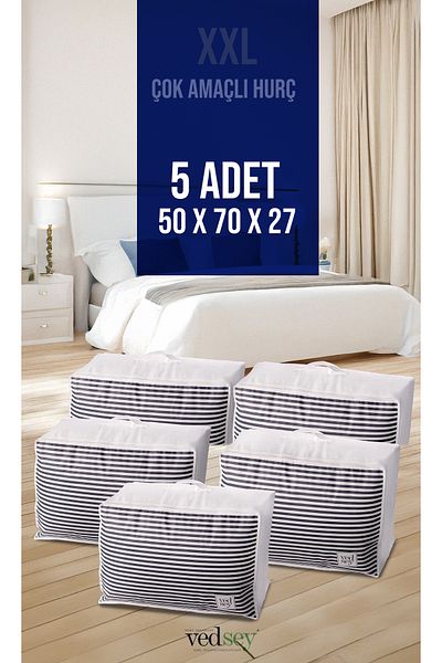 Vedsey Home Organizer Комплект от 5 големи органайзера за съхранение, тъмносиньо, райета, 70x50x25 см