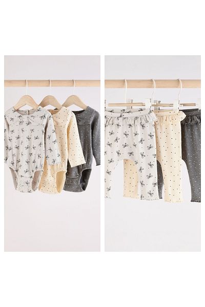 Next Baby Cotton Cream Gray Floral Print Long Sleeve Bodysuit Leggings 3-Piece Bottom Top Set